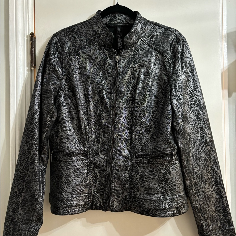 White House, black market, zip up jacket, snake skin pattern